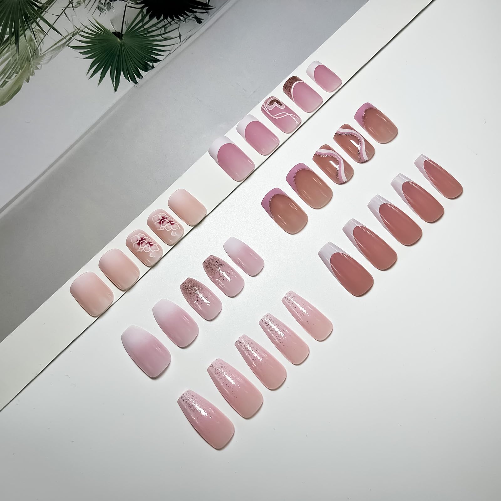 6 Packs (144 Pcs) Press on Nails Medium - Jsiallye Pink Gradient Press on Nails Square Coffin, Glue on with Nail in 12 Sizes - 24 Fake Nails Kit, French Tip Stick on Nails for Women - Image 7