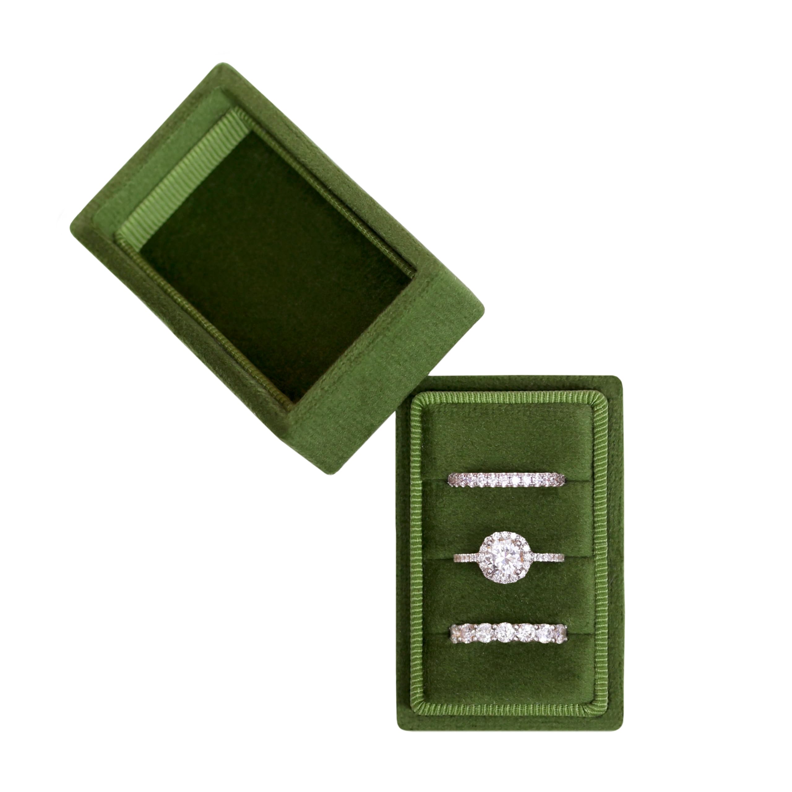 Photo 1 of BLUTETE Rectangle 3 Slots Italian Velvet Jewelry Box Engagement Wedding Photo Ring Box Keepsake Box Triple Ring Gift Box (Olive Green)