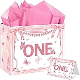 Large 1st Birthday Gift Bag ONE Year Old Birthday Gift Bag for Baby Girls, Baby Shower Party Supplies with Greeting Card & Tissue Paper, Cute Pink Bow Favors Bag for First Bday Decorations