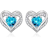Iefil Birthstone Earrings for Women - 925 Sterling Silver Heart Stud Earrings Birthday Gifts for Women