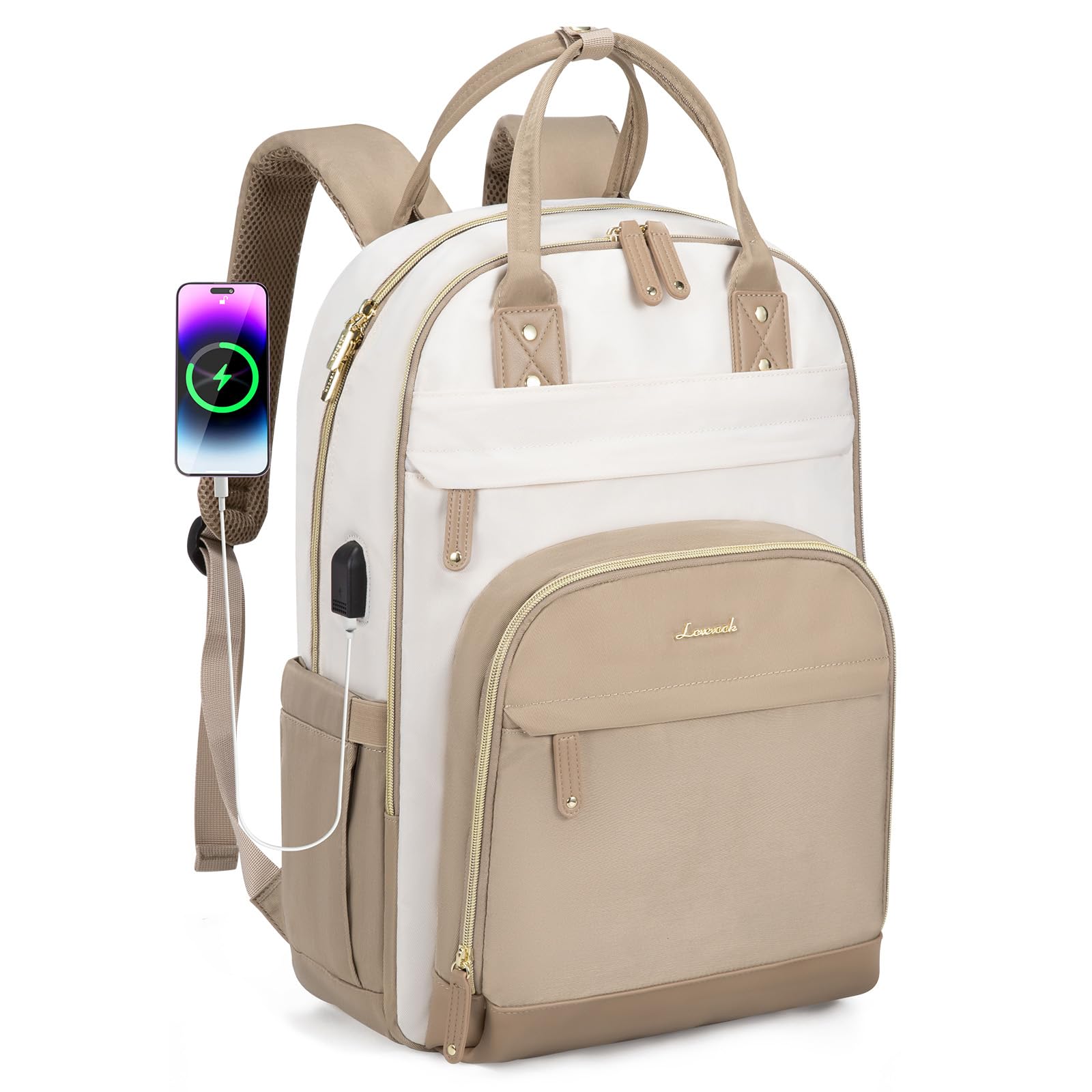 LOVEVOOK Backpack Womens, Waterproof 15.6 inch Laptop Rucksack Bag for Women with Anti-theft Zipper & USB Port, Large Ladies Backpacks Cabin Back Pack Womans for Travel Work School College,Beige