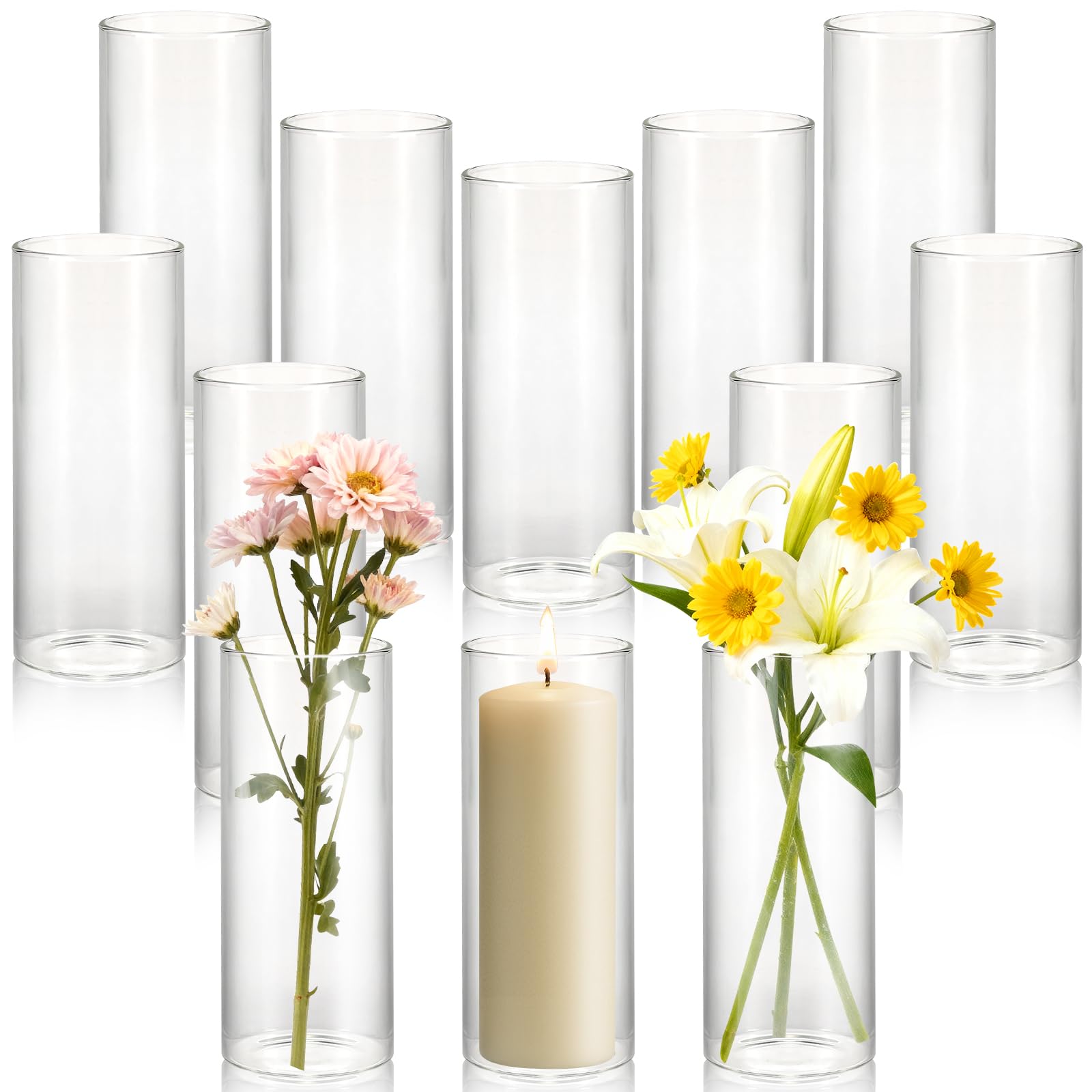 View 1 of 12 Pack 6.5" Tall x 2.4" Diameter Clear Glass Cylinder Vases-Flower Vases for Centerpieces, Hurricane & Floating Candle Holders for Weddings, Parties, Home Decor,Table Displays