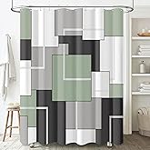 BTTN Sage Green Fabric Shower Curtain, Modern Geometric Neutral Cloth Shower Curtain Set with Hook, Weighted Hem, White Black Grey Decorative Waterproof Ployester Shower Curtain for Bathroom, 72x72