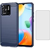 Asuwish Phone Case for Xiaomi Redmi 10C 4G/Poco C40 with Tempered Glass Screen Protector Cover and Cell Accessories Soft TPU Silicone Protective Redmi10C C10 10 C Women Men Carbon Fiber Navy Blue