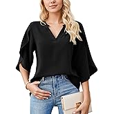 Am Direct Women's V-Neck Ruffle 3/4 Sleeve Blouse Casual & Office Versatile Flowy Top