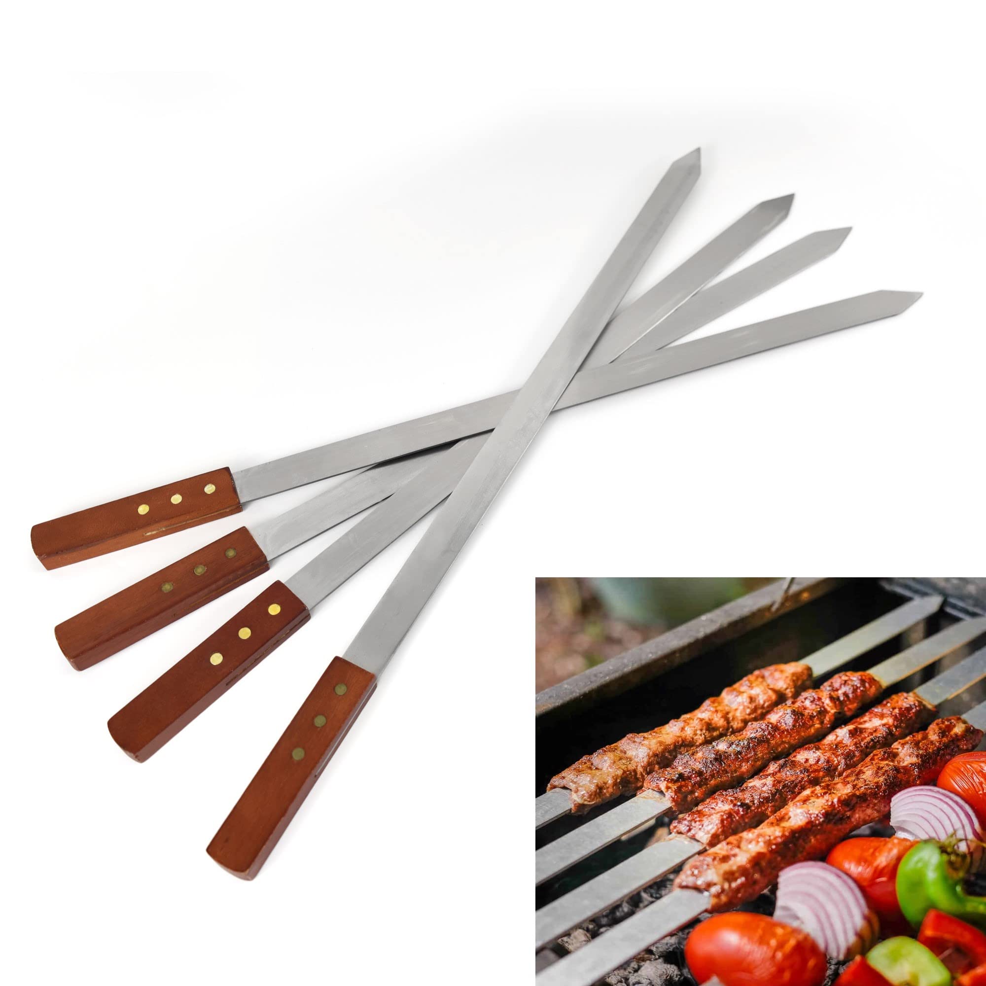WARESHARK 4 Pcs Flat Kebab Skewers Stainless Steel, Large Turkish Barbecue Skewers, Heavy Duty Reusable BBQ Skewers, Perfect for Kebab, Kebob, Shish, 24mm Wide
