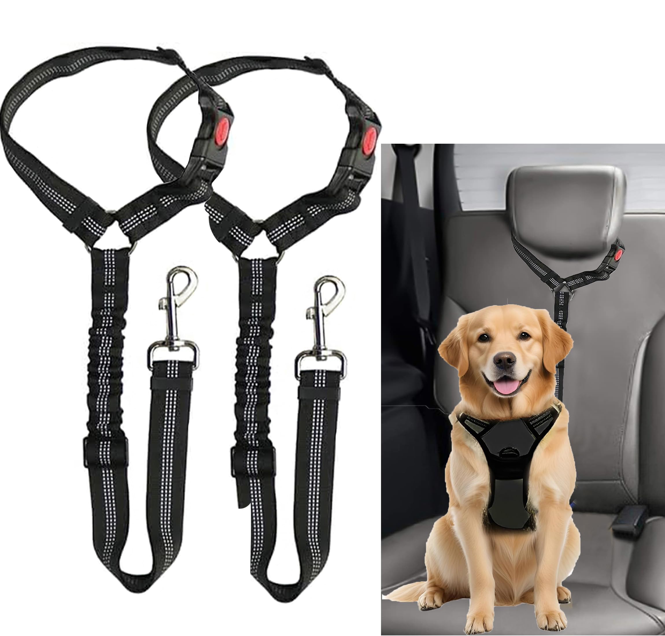 2 Pack Dog Car Headrest Seat Belt - for Pet Dogs Safety Harness Travel Accessories in UK, with Adjustable Heavy Duty Nylon & Anti Shock Elastic Bungee Buffer (Black) — image 1