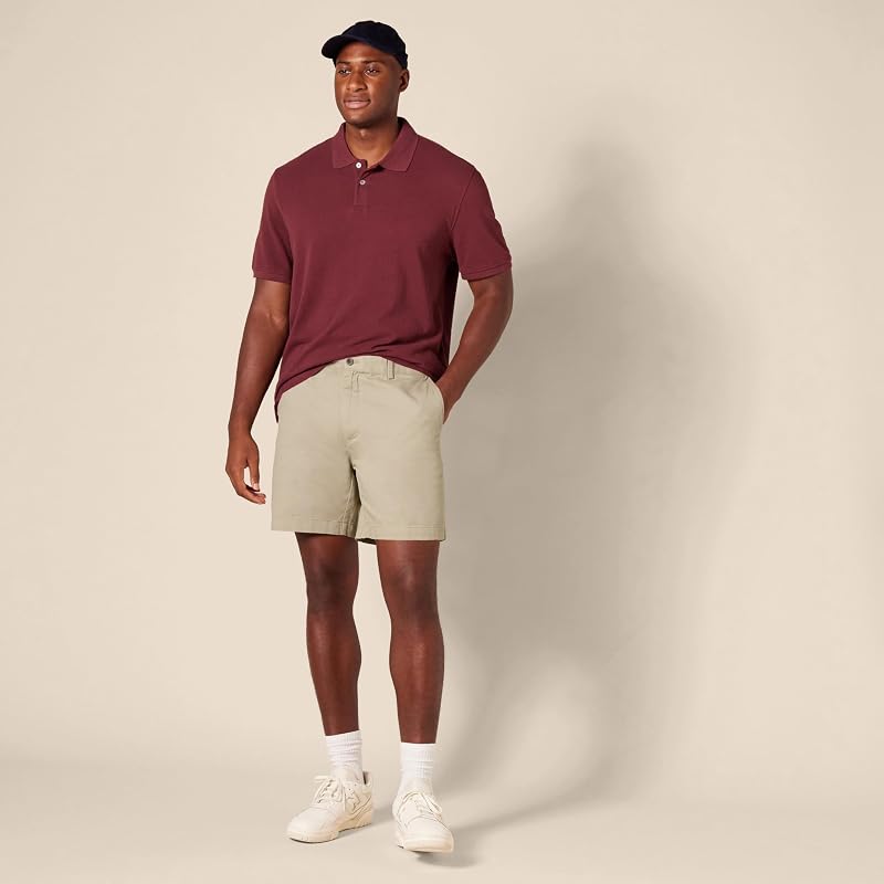Pantalones Cortos Chinos de Corte Ajustado de 18cm Hombre, Caqui, 33W