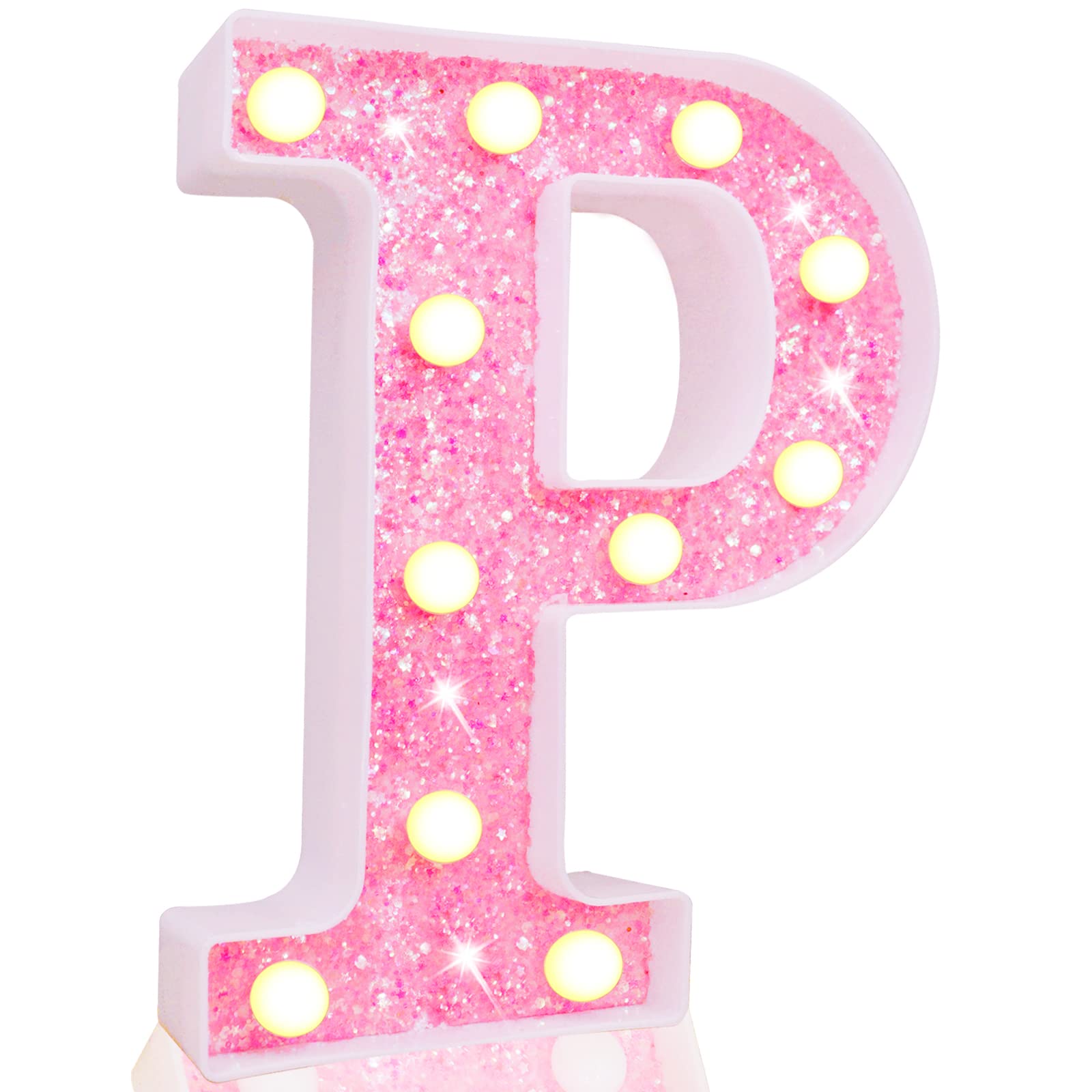 Photo 1 of Pooqla LED Marquee Letter Lights, Pink Glitter Light Up Letters Alphabet Sign Battery Powered Night Light, Birthday Party Wedding Girls Gifts, Christmas Room Dorm Bedroom Decoration, Pink Letter P