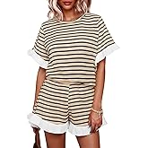 Tankaneo Womens 2 Piece Striped Shorts Set Ruffle Short Sleeve Tops Hight Waist Shorts Matching Sets Summer Vacation Outfits
