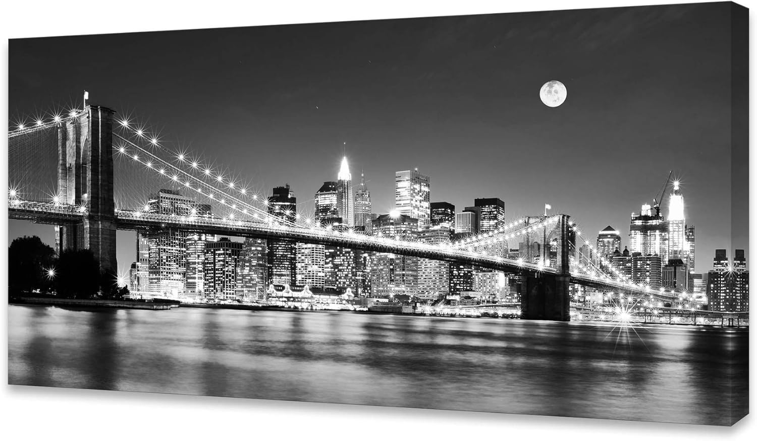 Wall Décor - Baisuart-Q30362 Brooklyn Bridge Night View 1 Panels Landscape Artwork Canvas Prints Moon Night New York City Scene Picture Paintings Black and white Wall Art for Oiffce Home Decorations Wall Decor