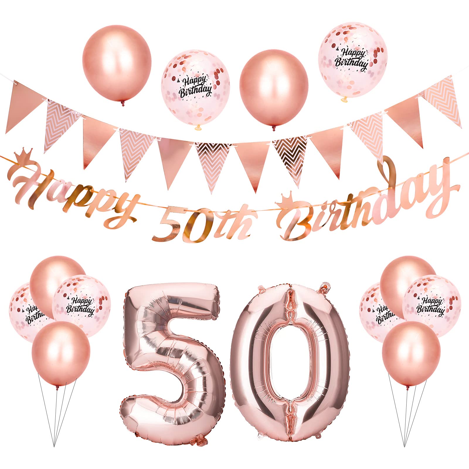 Beainfir 50th Birthday Decorations Set Include Rose Gold Happy 50th Birthday Banner,Triangle Flag Banner,Confetti Latex Balloons and Foil Balloons for Party Decoration Supplies for Girls and Boys