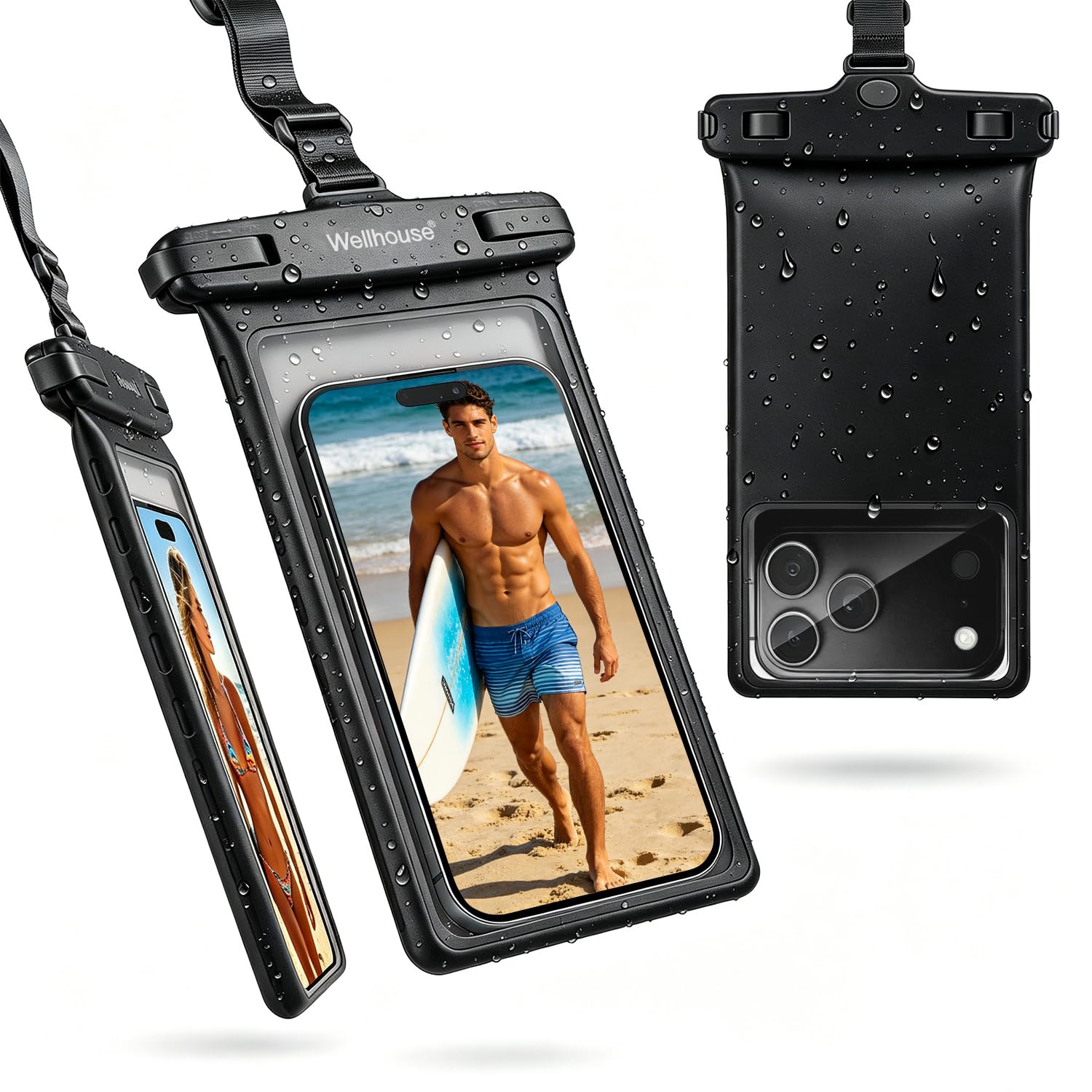 wellhouse Waterproof Phone Pouch, Waterproof Phone Case for iPhone 17 16 15 14 13 Pro Max XS Samsung, IPX8 3D Cellphone Dry Bag Beach Essentials (1 Pack - Black8.0, 8 inch)