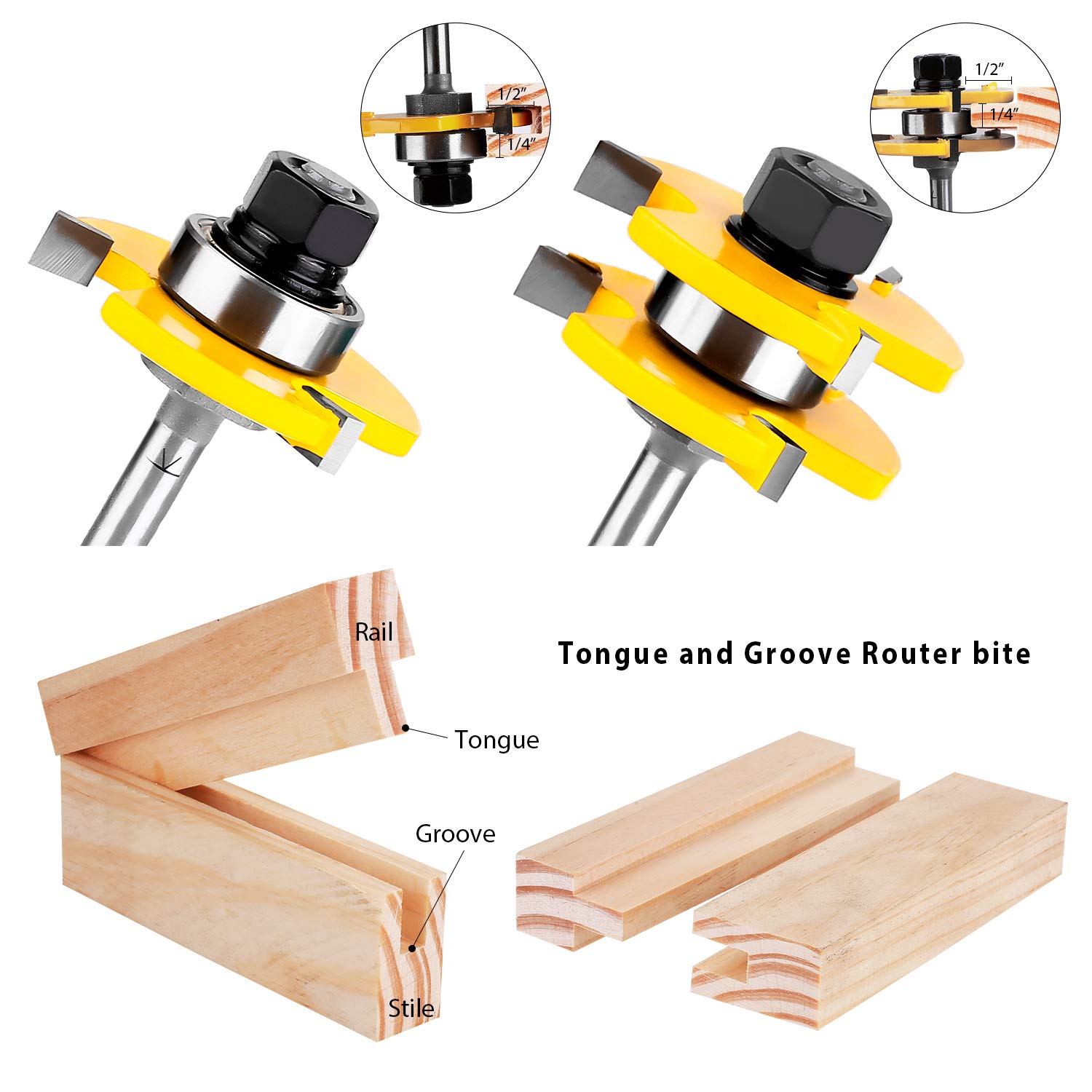 KOWOOD Tongue and Groove Set of 2 Pieces 1/4 Inch Shank Router Bit Set 3 Teeth Adjustable T Shape Wood Milling Cutter: Industrial & Scientific