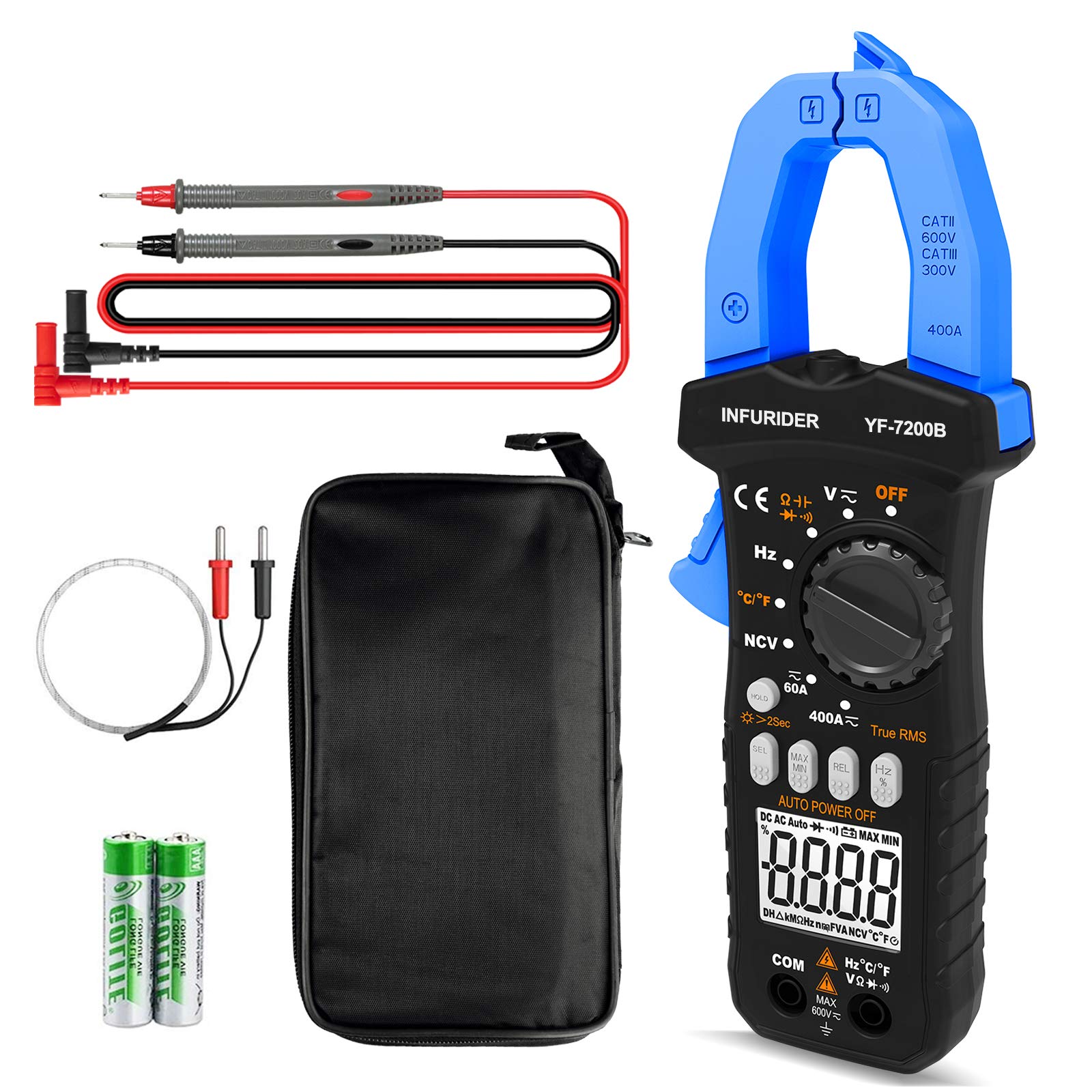 Digital Clamp Meter, YF-7200B Multimeter TRMS Auto-Ranging AC DC Volt Amp, Current Clamp for AC DC Voltage, Amp, Ohm, Capacitance, Diode, Continuity Tester and NCV