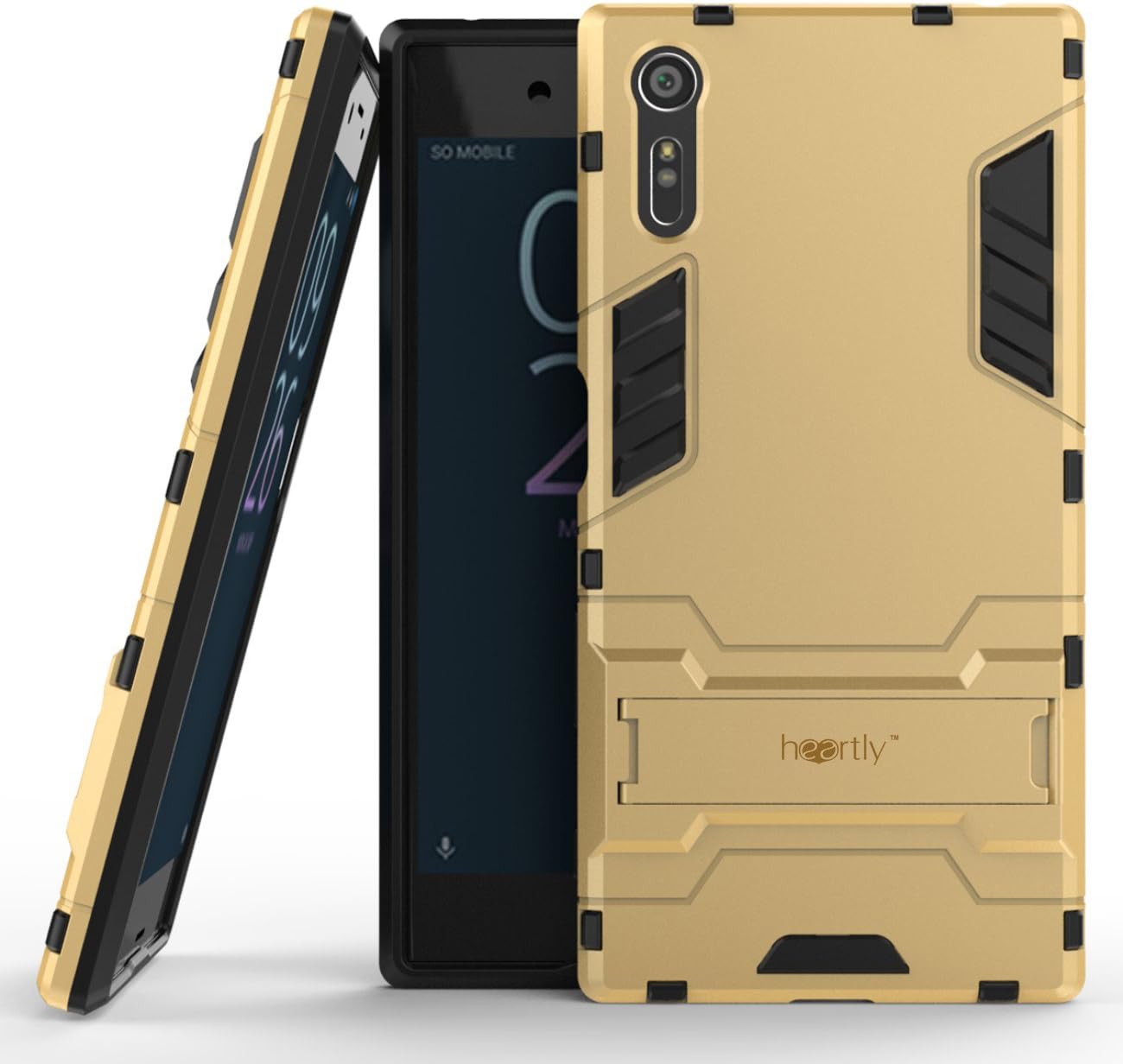 Heartly Graphic Kickstand Hard Dual Rugged Armor Hybrid Bumper Back Case Cover for Sony Xperia XZ Dual F8332- Mobile Gold