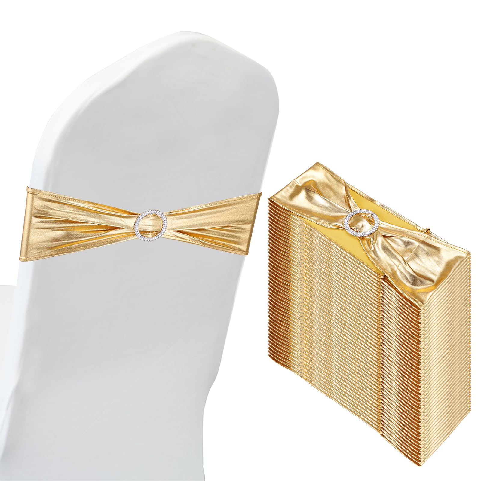 PATIKIL 14"x5" Stretch Chair Sashes Bows, 50 Pack Elastic Chair Bands Sashes with Buckle Slider for Wedding Banquet Decorations, Gold