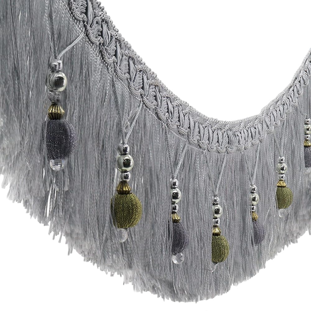 2yards Braided Beads Hanging Ball Tassel Fringe Trimming Applique Fabric Trimming Ribbon Band Curtain Table Wedding Decorated (Gray)