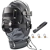 Leather Bondage Gimp Mask Hood, Full Face Blindfold Mask Hood Lockable & Dildo Penis Mouth Gag Breathable Restraint Head Hood