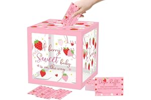 JCTHKUKU 51Pcs Strawberry Diaper Raffle Tickets with Box for Baby Shower Games, A Berry Sweet Baby Is On The Way Diaper Raffle Card Box for Gender Reveal Raffle Party Decoration Clear Card Boxes