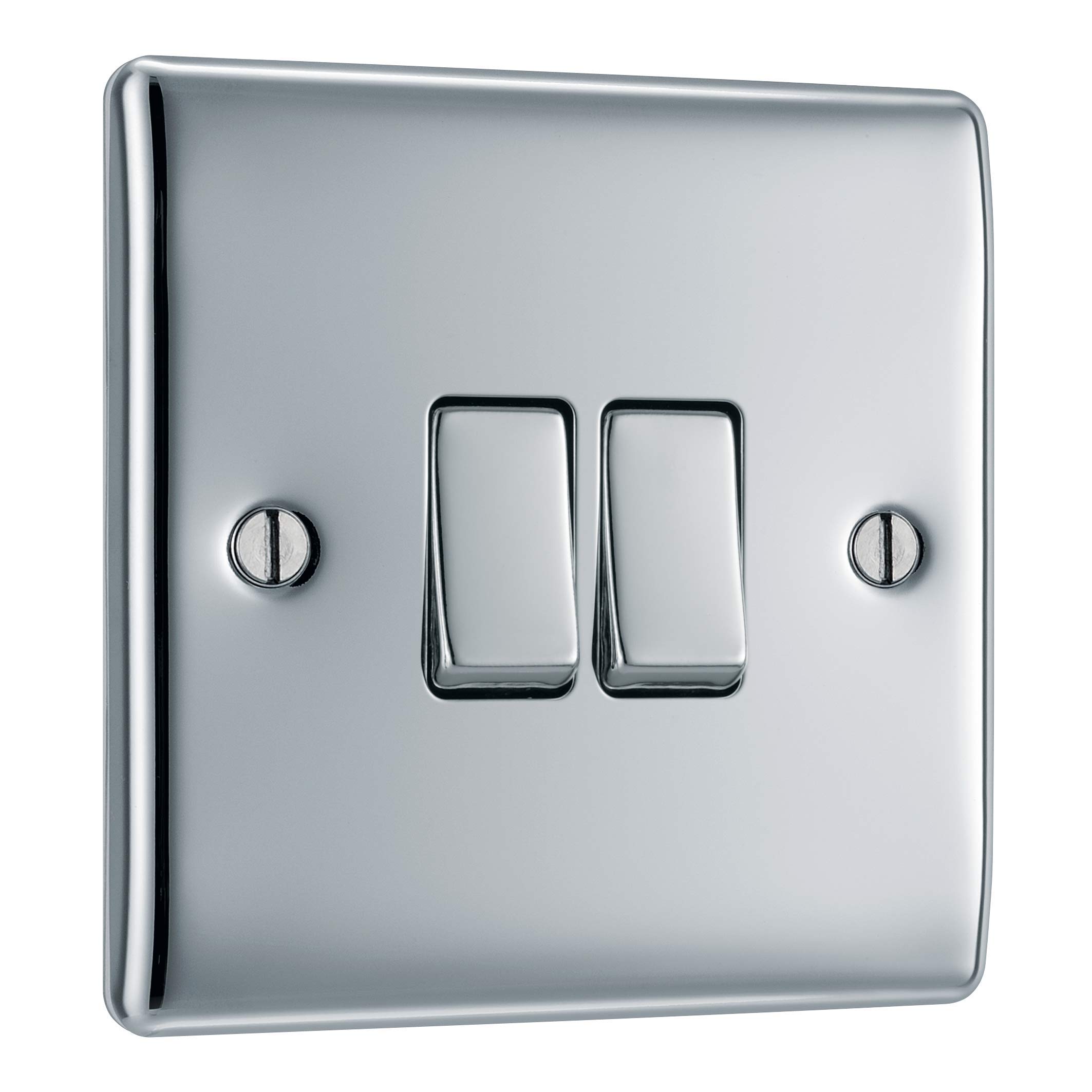 BG Electrical Double Wall Light Switch, 2 Way, Raised and Slim Profile, Round Edges, Nexus Metal, Polished Chrome, 20A, 16AX, NPC42 — image 1
