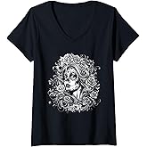 Womens De Los Muertos La Catrina Day of The Dead Sugar Skull Women V-Neck T-Shirt