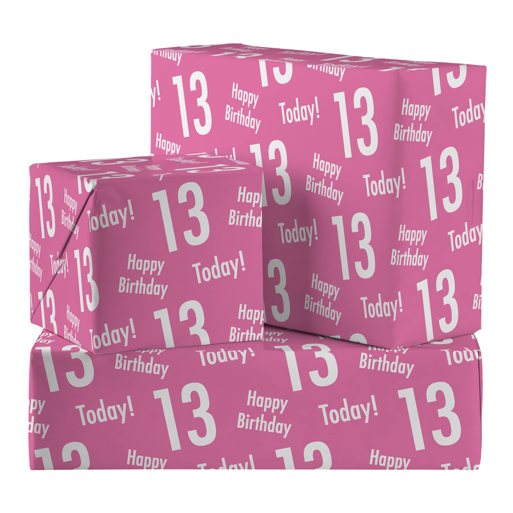 Hunts England - 2 Sheets Of 13th Birthday Pink Luxury Wrapping Paper For Her - Includes 2 Gift Tags - Age 13 Female Folded Gift Wrap - Urban Colour Collection - Age Thirteen Gift Wrap For Girls