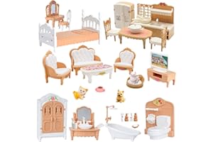 SWANKYSTYLE 36Pcs Dollhouse Furniture Set,Miniature 1:12 Scale Dolls House Accessories with Cat,Dog,Kitchen, Dining Room, Living Room,Bedroom for Playhouse Toy(Beige)