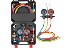 AJulyBee 3-Way Manifold Gauge Set, Automotive AC Recharge Kit for R134A/R410A/R1234YF/R22/R404A, Refrigerant Charging Tool for Car Freon Charging & Evacuation