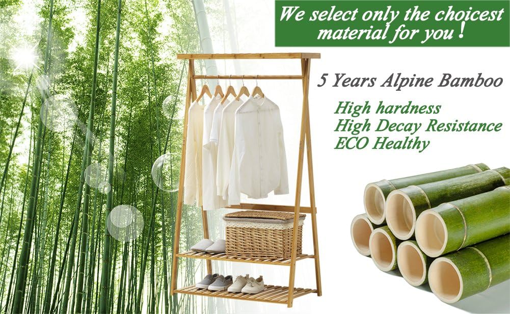 COPREE Bamboo Garment Coat Clothes Hanging Heavy Duty Rack with top