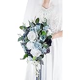 Yelinart 10 Inch Dusty Blue Wedding Bouquets for Bride Artificial Roses Flower Cascading Cascade Bridal Bouquet for Rustic Boho Fall Vintage Wedding Ceremony Party and Anniversary