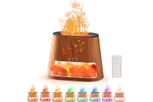 CJC 2-in-1 Ultrasonic Essential Oil Diffuser, Aromatherapy Air Humidifier with 8 Colors Flame Effect Cool Mist Humidifiers with Auto Off Function Pure Himalayan Pink Salt Rock, 260ml (White) (Wooden)