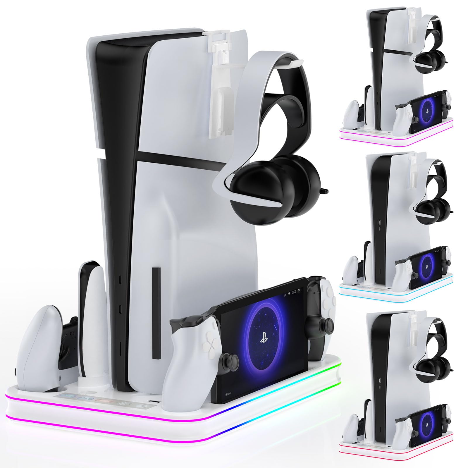 PS5/PS5 Slim/PS5 Pro Stand and Cooling Station with RGB Light Controller Charging Station for PS5, Charging Dock for PS Portal P5/P5 Slim/P5 Pro Accessory with 3 Level Cooling Fan