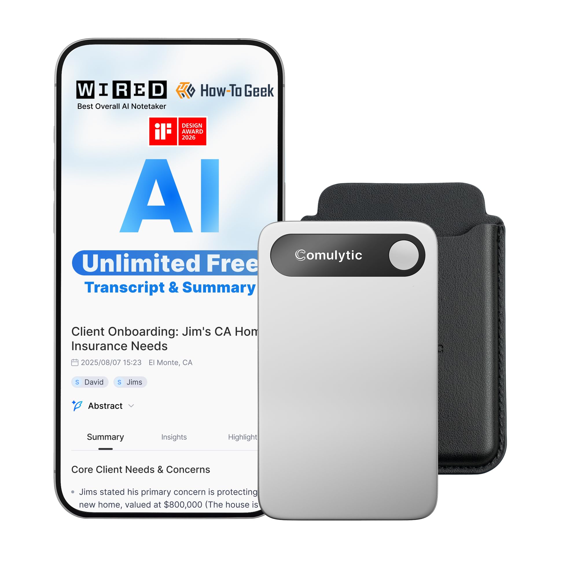 Photo 1 of Comulytic Note Pro AI Voice Recorder, Unlimited Transcribe & Summarize, AI Note Taking Recording Device w/Case, App Control, 113 Languages for Calls, Meetings, Lectures, Interviews, Silver
