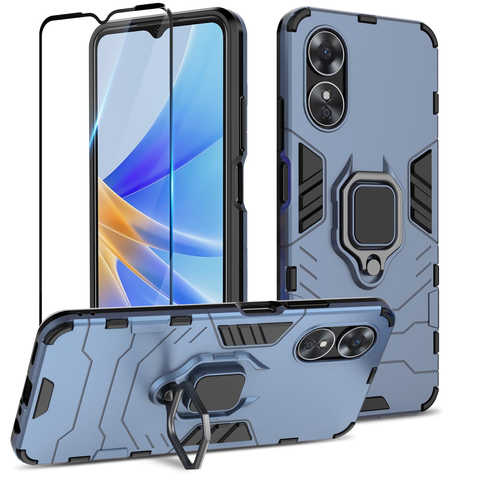 Btstring Case for Oppo A17 4G and Screen Protector Tempered Glass, Heavy Duty Shockproof Case with Stand Protective Tough Armour Personalised Phone Cover Case - Blue — image 1