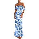 PRETTYGARDEN Women's Formal Cocktail Maxi Dresses 2026 Summer Off Shoulder Floral Mesh Bodycon Spring Wedding Guest Dress