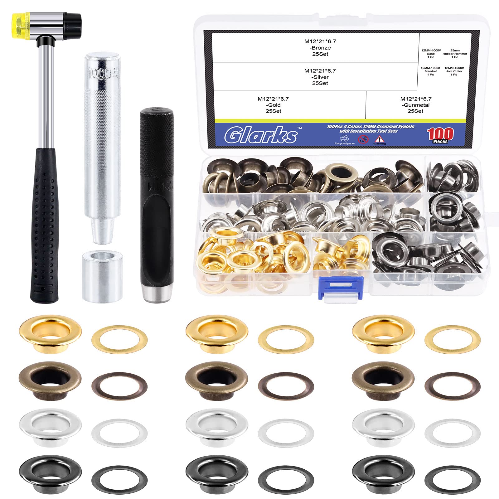 Glarks 102Pcs 12MM 4 Colors Metal Thicken Grommet Eyelets with Punch and Hammer for Canvas, Bead Cores, Tarp, Clothes