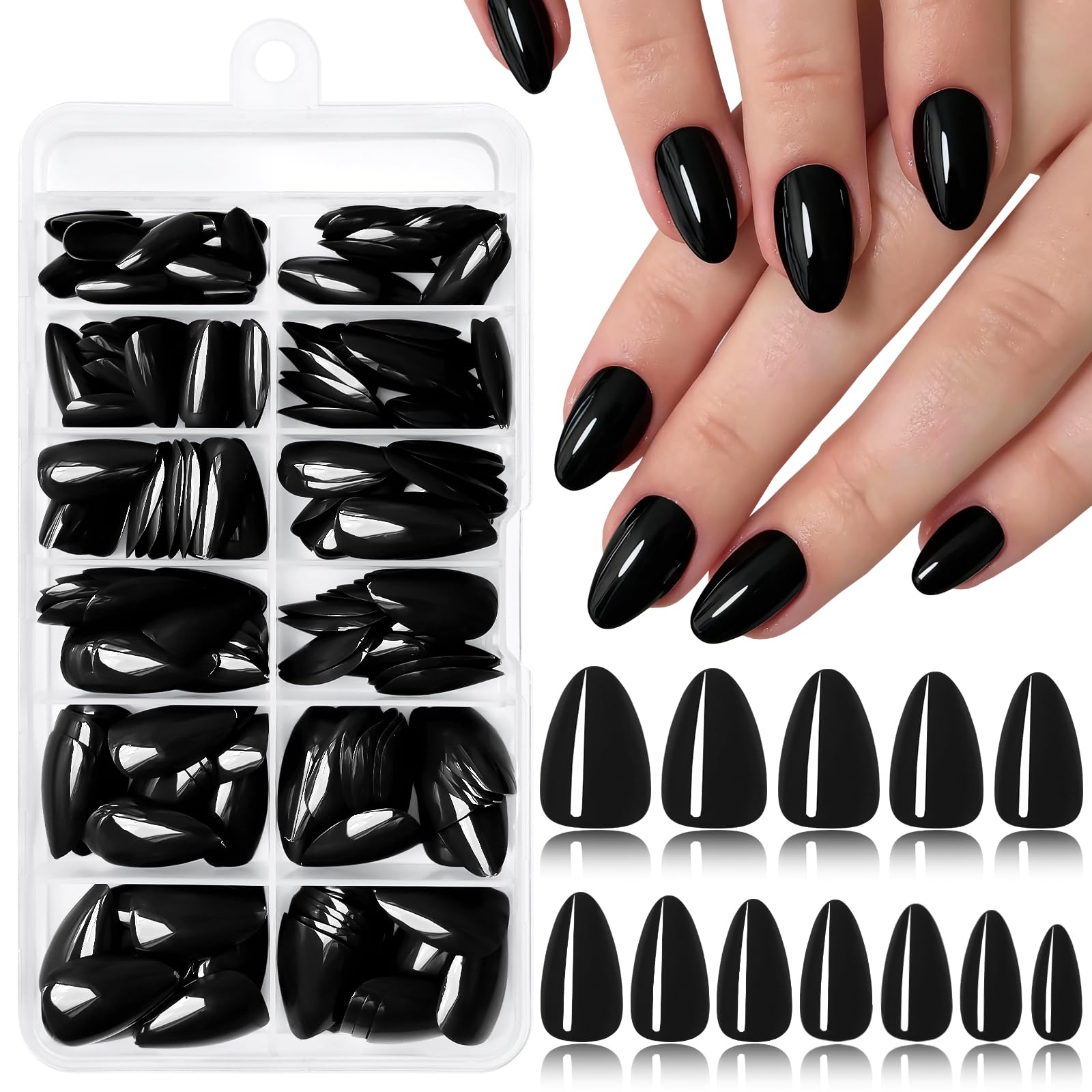 View 1 of 240pc Black Almond Press on Nails Short Fake Nails with Glue Tabs, Short Nails Press on Nail Almond Glue on Nail Black Acrylic Nail Full Cover False Nail Women Girls Artificial Fingernail 12 Sizes