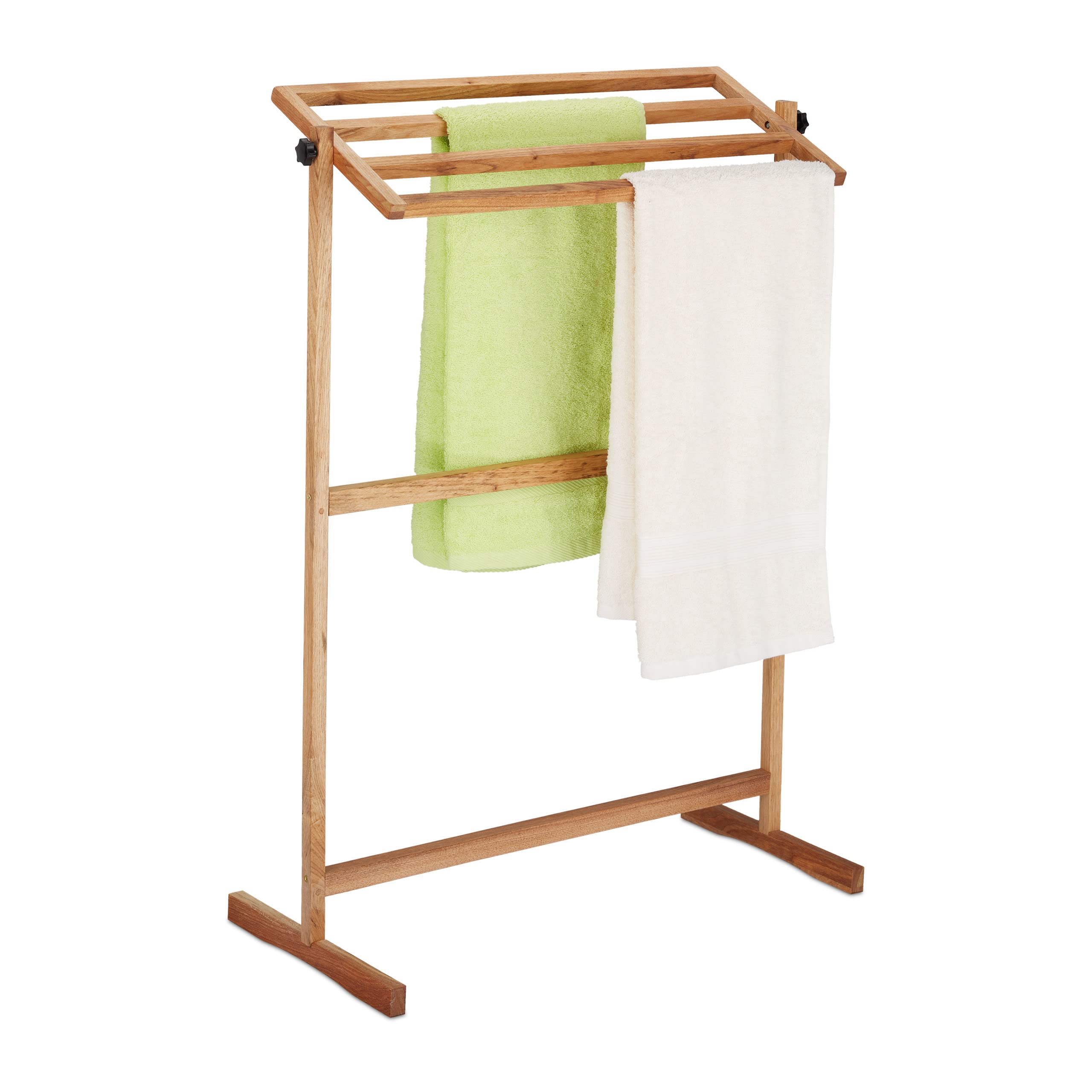 Relaxdays Free Walnut Wood Towel Holder, HxWxD: 98 x 66 x 31 cm, Airing Stand for Laundry and Clothes, Natural