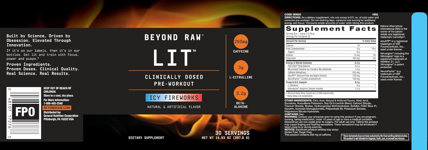 Beyond Raw LIT Pre Workout Powder Energy Drink, ICY Fireworks, 30 Servings, Contains Caffeine, L-Citruline, and Beta-Alanine, Nitrix Oxide and Preworkout Supplement: Health & Personal Care