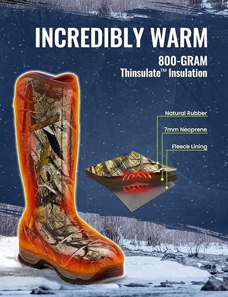 TIDEWE RUBBER HUNTING BOOTS WITH 800G INSULATION, WATERPROOF INSULATED NEXT CAMO G2 WARM RUBBER BOOTS WITH 7MM NEOPRENE, STURDY OUTDOOR HUNTING BOOTS FOR MEN (SIZE 10)