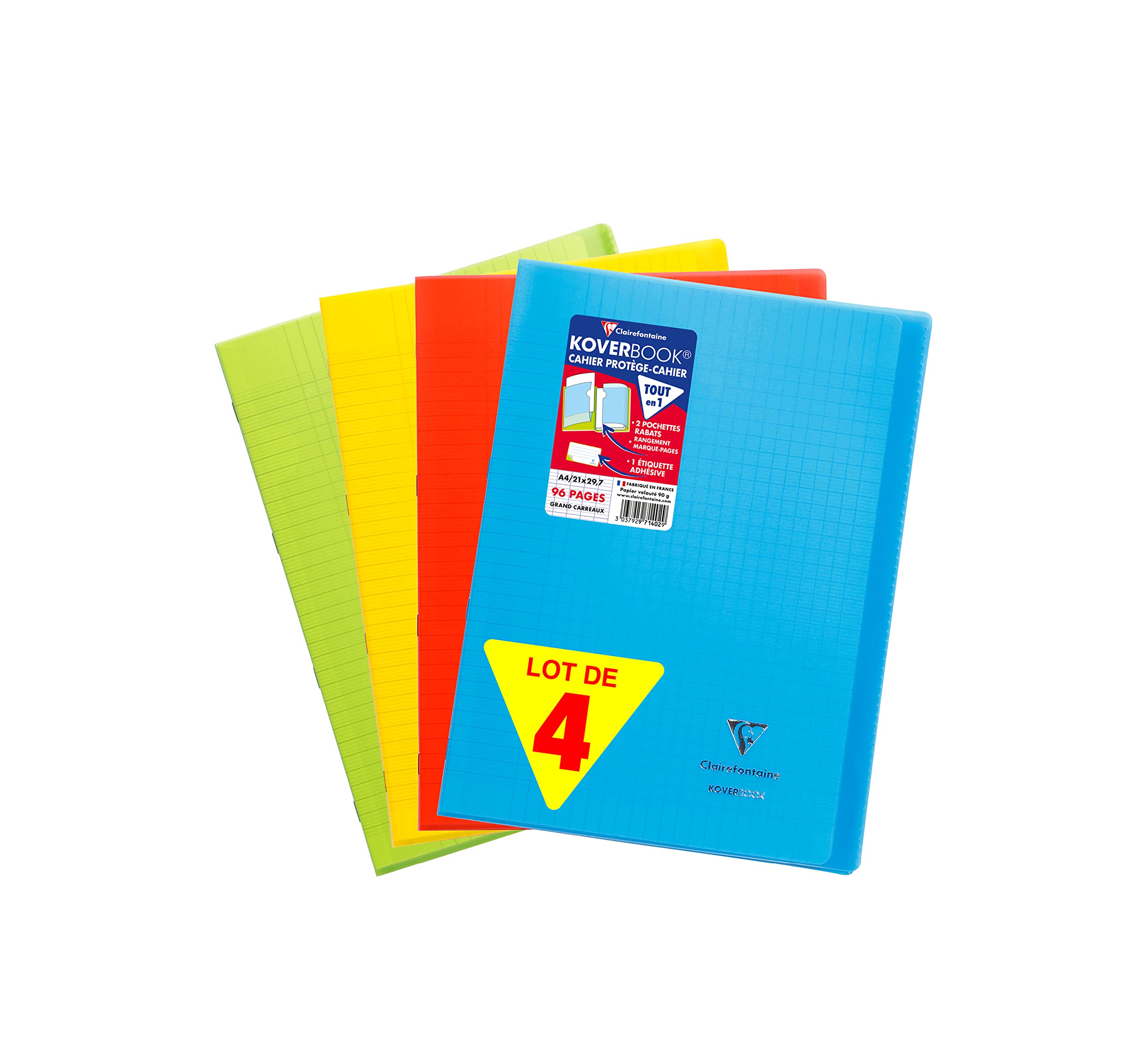 Clairefontaine 971440AMZC - Set of 4 Koverbook Stapled Notebooks A4 21x29.7cm - 96 Seyes Pages - White Paper 90g - Ast Polypro Covers: Blue, Red, Yellow, Green