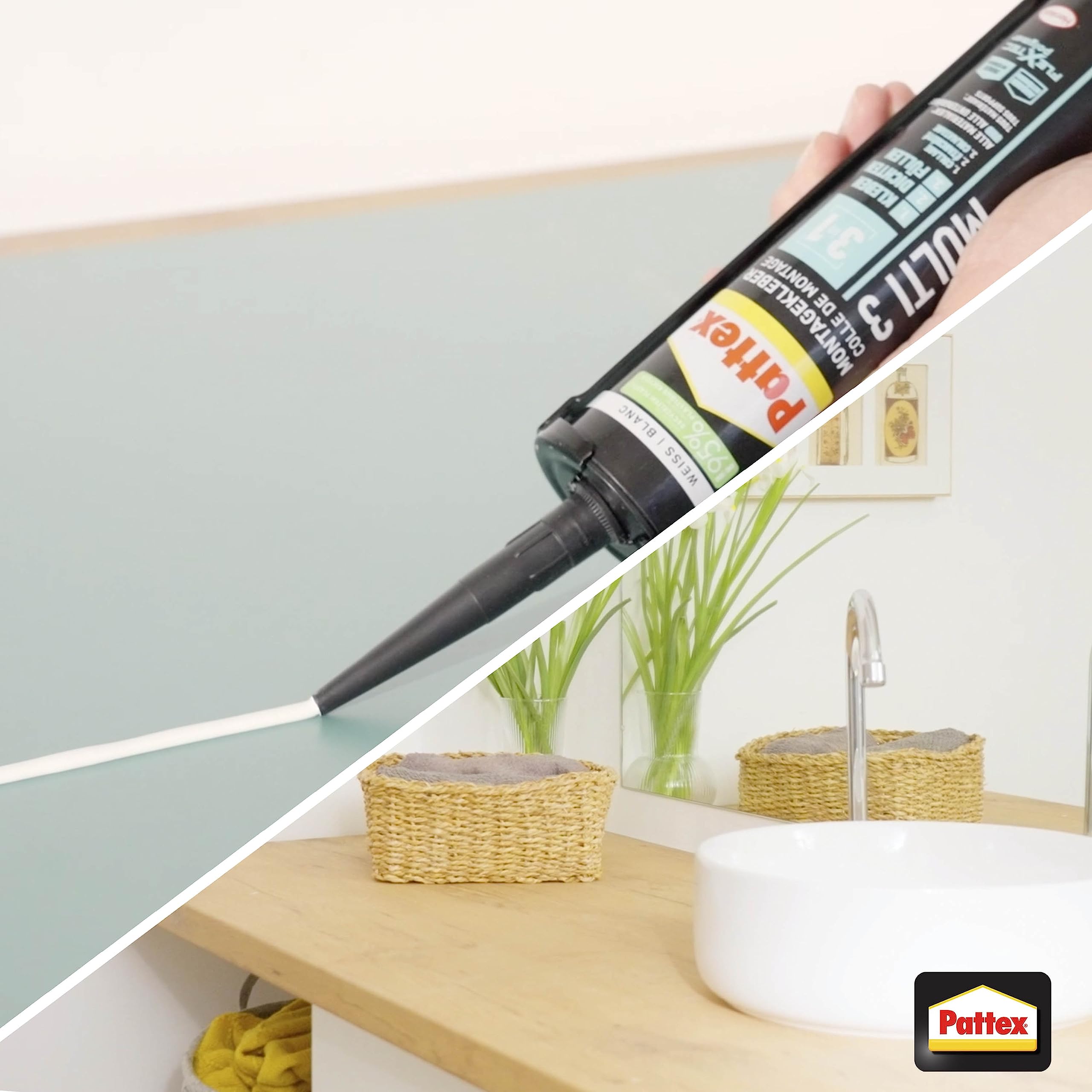 Pattex Montage Multi 3, 3in1 Montagekleber, starker Kraftkleber für fast alle Materialien*, wetterbeständiger Baukleber für innen und außen**, weiß, 1x390g Kartusche 4