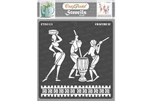 CrafTreat Tribal Stencils for Painting on Wood, Wall, Tile, Canvas, Paper, Fabric and Floor - Tribal Daily Chores - 6x6 Inches - Reusable DIY Art and Craft Stencils - African Women Stencil