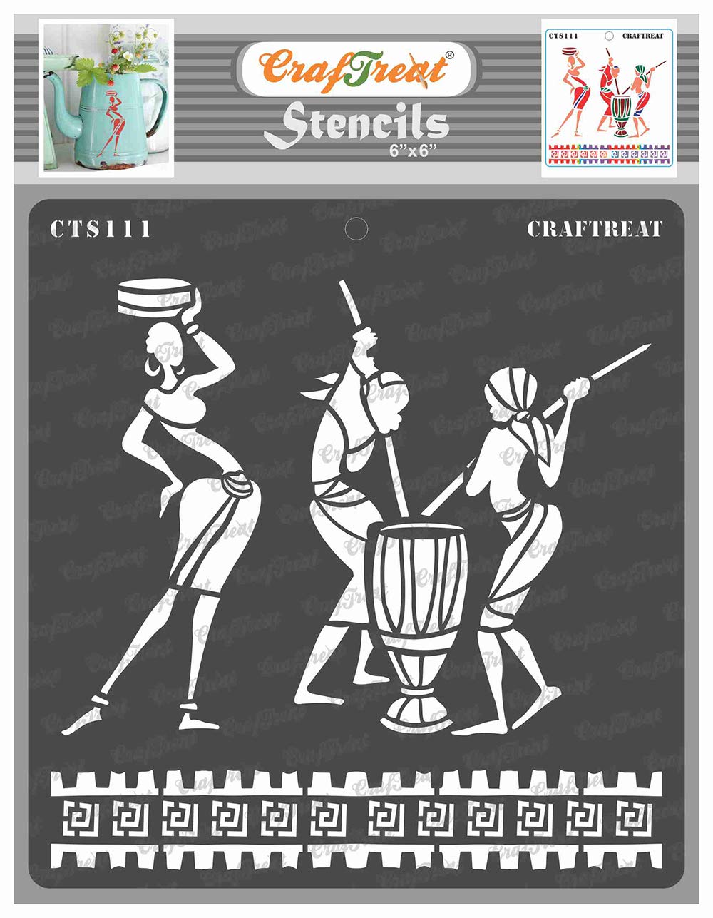 CrafTreat African Tribal Stencils for Crafts Reusable Vintage - Tribal Daily Chores - Size: 6X6 Inches - Tribal Pattern Stencil for Furniture Painting - African Stencils for Painting on Concrete