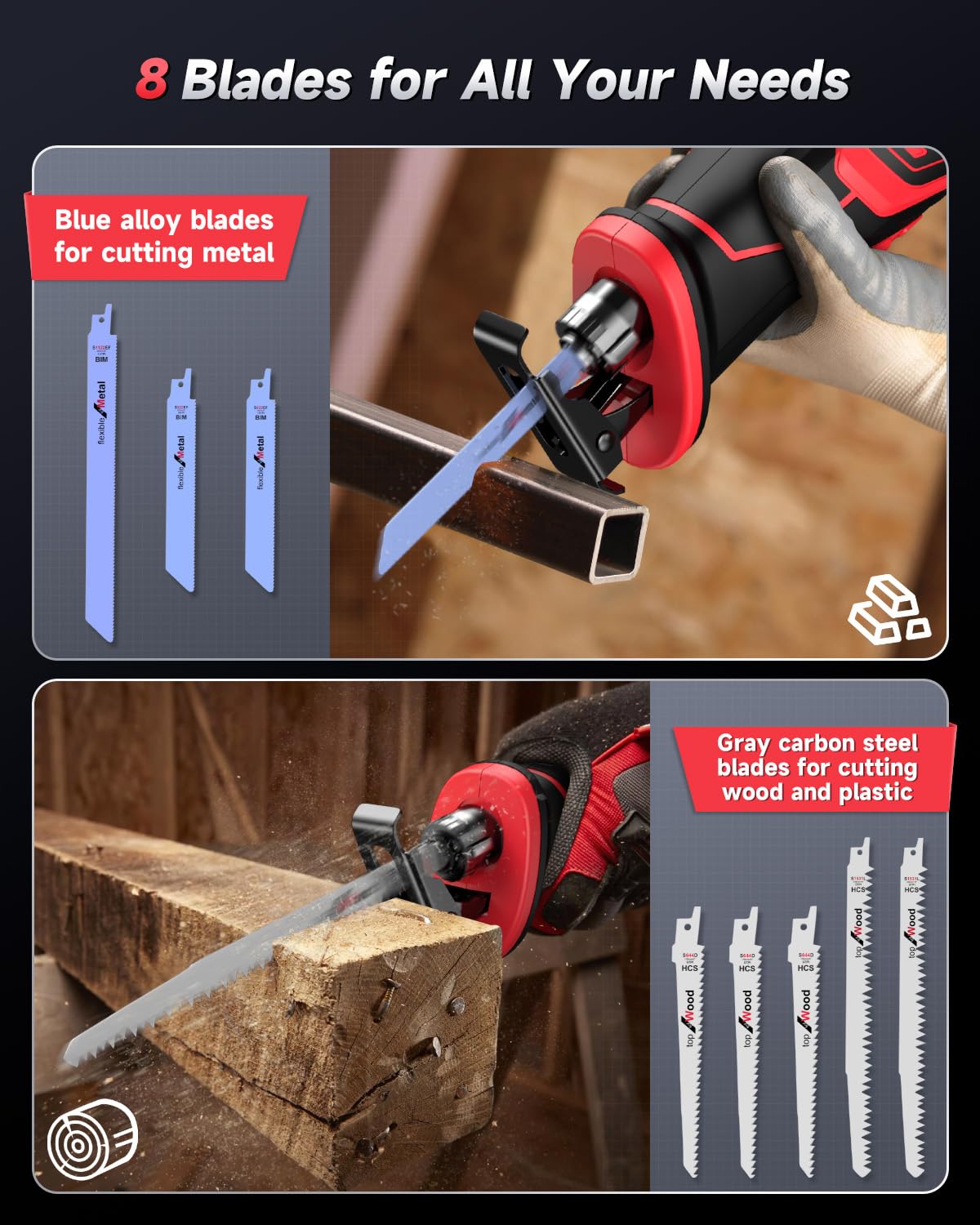 XIAZIR Akku-Säbelsäge, 3500 SPM Bürstenloser Motor, 2×21V 4000mAh Hochleistungs-Akkus, 8-teiliges Klingen-Set für Holz, Metall, Kunststoff und PVC, Kabellos & Profiqualität 5
