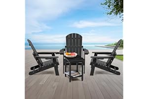 OUTGIK Folding Adirondack Chairs with Cup-Holder, Patio Chairs Wood Texture HIPS Outdoor Fire Pit Chair for Lawn Porch Garden Backyard-Black