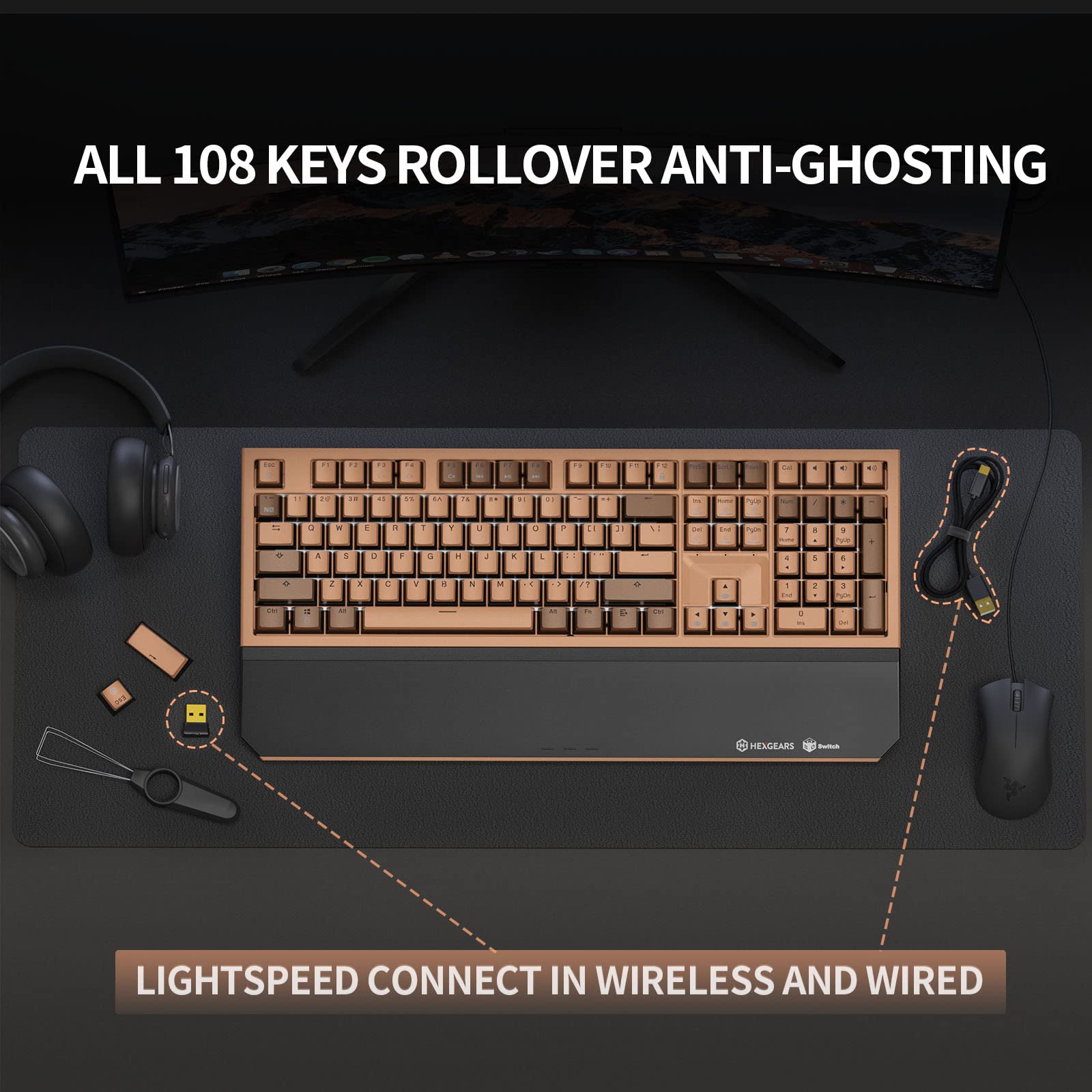 X5 Wireless Mechanical Keyboard Full Size 108 Keys, Kailh Box 3.0 Red Switch, Ergonomic, N-Key Rollover, Backlit Gaming Keyboard with Wrist Rest for PC/Tablet/PS/Xbox/Mac/Laptop