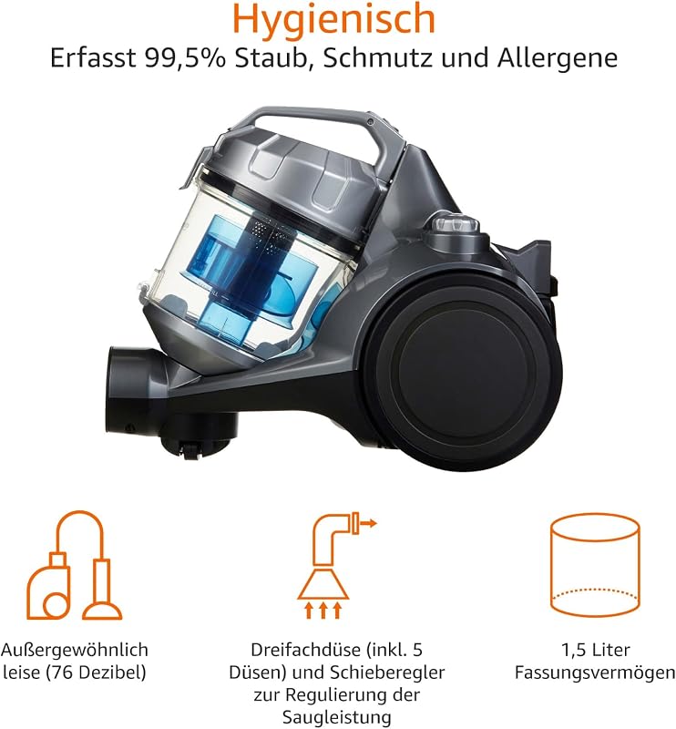 Zylinder-Staubsauger, leistungsstark, kompakt und leicht, ohne Beutel, für Hart- und Teppichböden, HEPA-Filter, 700 W, 1,5 l, EU, Schwarz/Blau — Foto 4 von 8