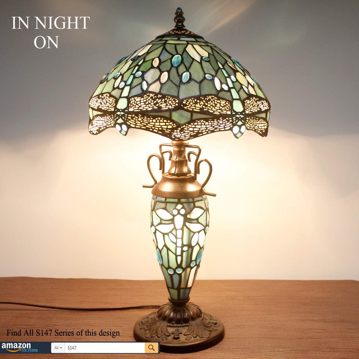 WERFACTORY Tiffany Table Lamp Sea Blue Stained Glass Dragonfly Style 12X12X22 Inches Mother-Daughter Vase Desk Reading Light Decor Bedroom Living Room Home Office S147 Series… - Image 4